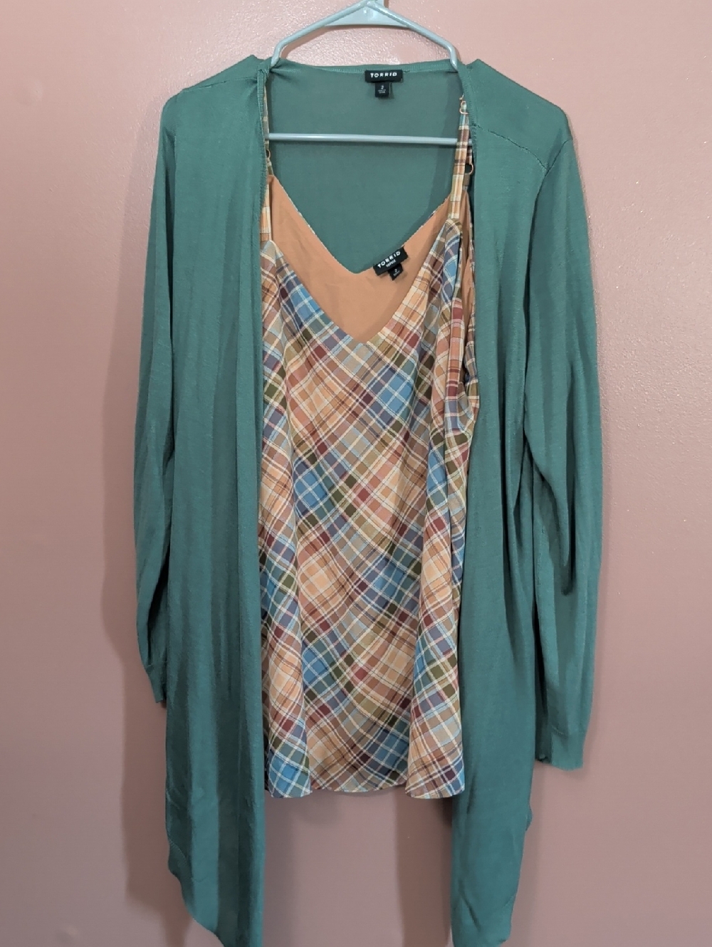 Topshop Teal Green Open-Front Cardigan with Plaid Tank